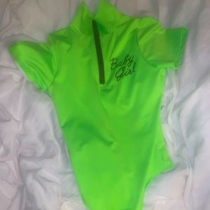 Neon Green, baby girl,  jump suit, with collar.